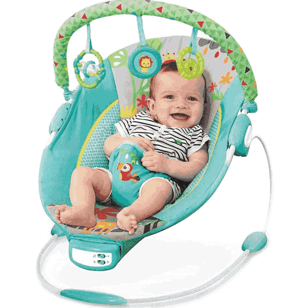 Smiling baby sitting in infant rocker chair