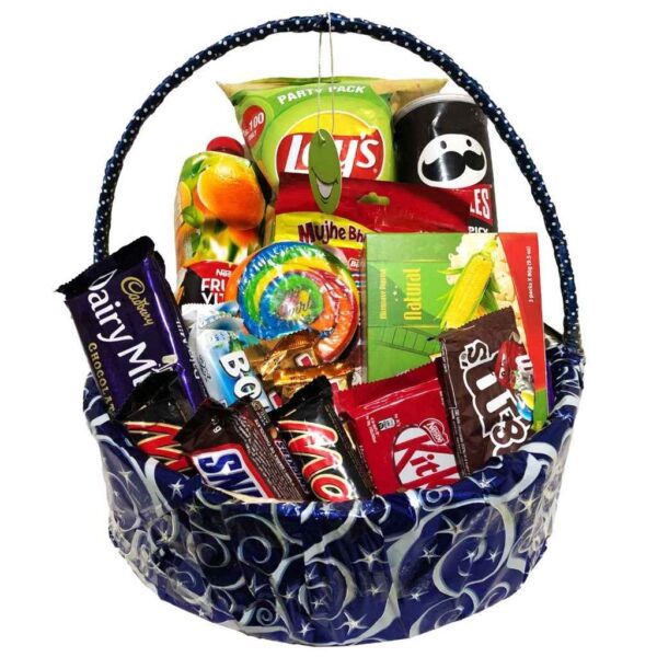 Snack and chocolate gift basket with chips, chocolates, juice and assorted treats