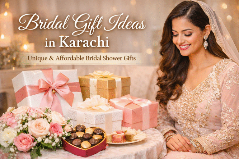 Bride smiling with bridal shower gifts, flowers and chocolates