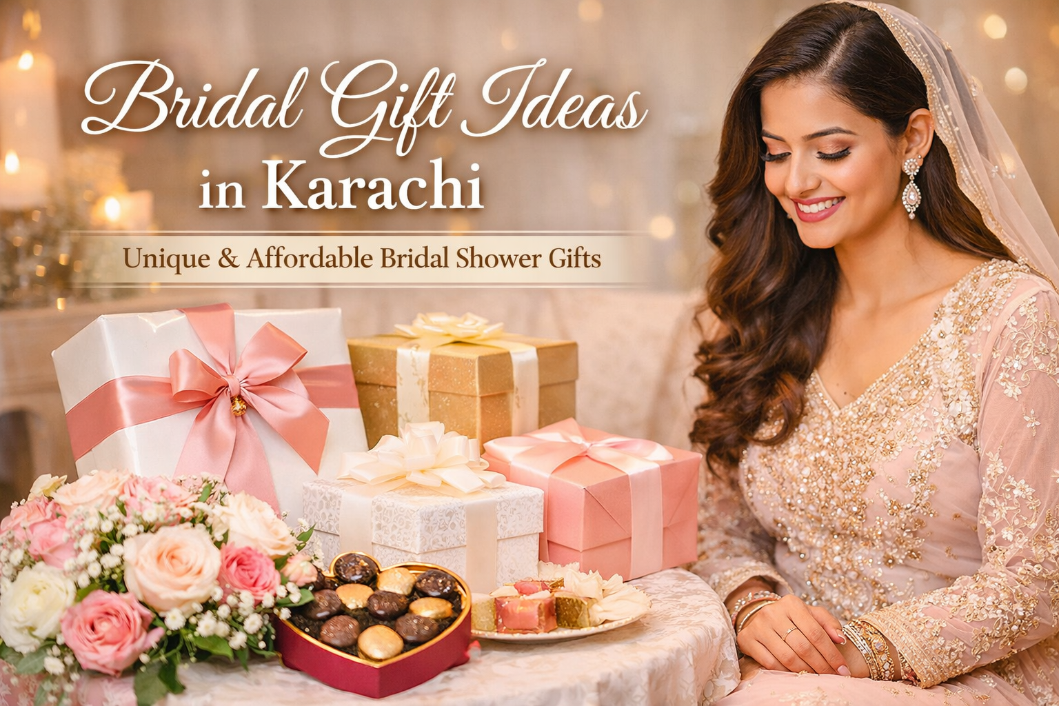 Bride smiling with bridal shower gifts, flowers and chocolates