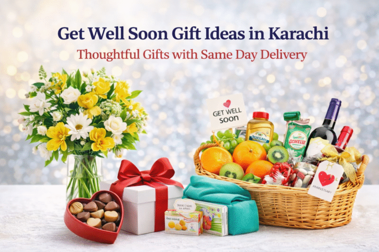 Get well soon gift arrangement with flowers and care basket