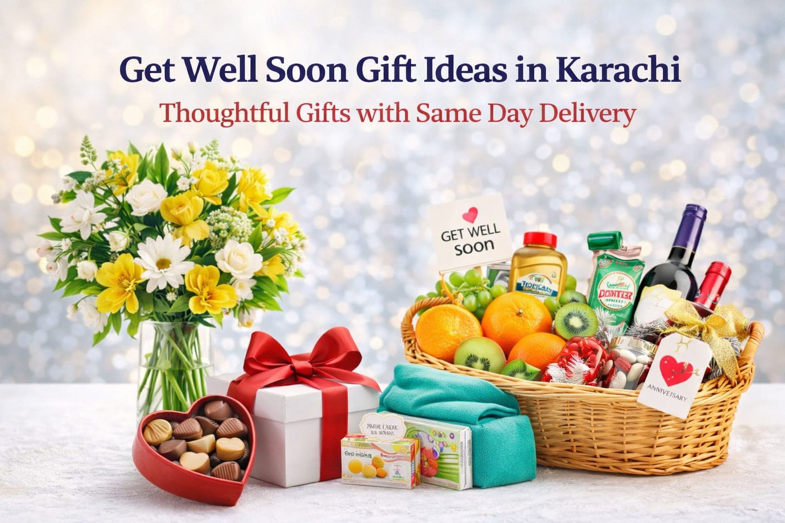 Get well soon gift arrangement with flowers and care basket