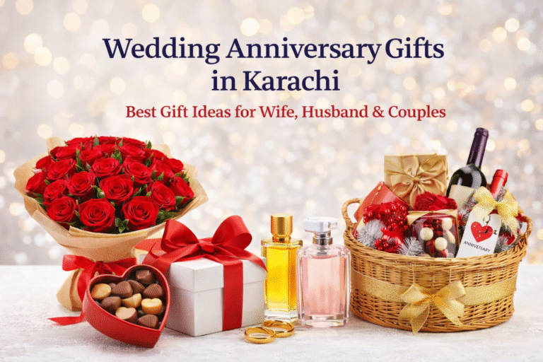 Wedding anniversary gifts in Karachi featuring flowers, chocolates, perfumes and gift hampers for couples
